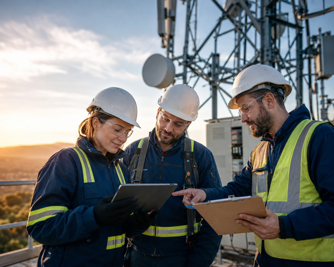 Equipe técnica em campo conduzindo a gestão de telecomunicações